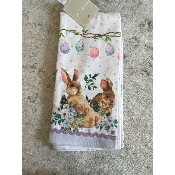 Shabby Chic Set Of 2 Easter Spring Floral Kitchen Towels Bunnies Eggs Cotton NWT - Picture 1 of 4